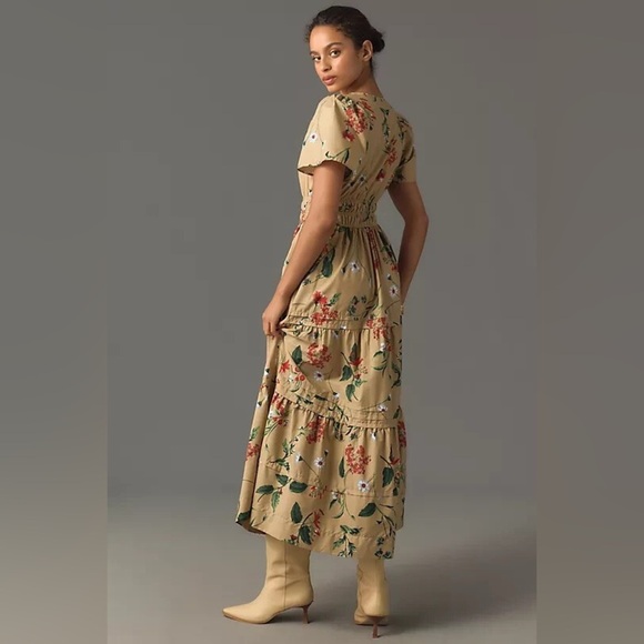 Anthropologie The Somerset Maxi Dress Cotton Tiered XL Khaki Beige Floral Puff - Picture 9 of 16